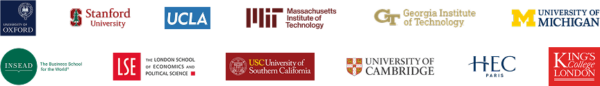 Top universities and colleges including Oxford, Stanford, UCLA, MIT, Georgia Tech, University of Michigan, LSE, USC, Cambridge, and HEC Paris